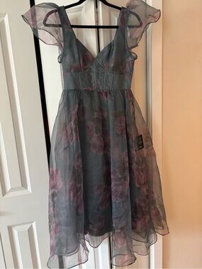 Lulu's Gray Organza Floral Party Dress with Purple Blooms